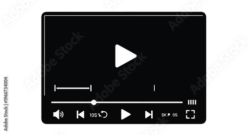 Black video player interface with white play button and controls on screen for digital media playback