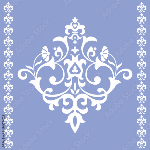 Damask graphic ornament. Floral design element. Blue and white vector pattern