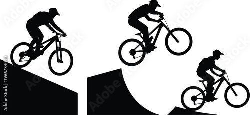 Mountain biking jumps sequence silhouette cyclist performing stunt extreme sport action black illustration design
