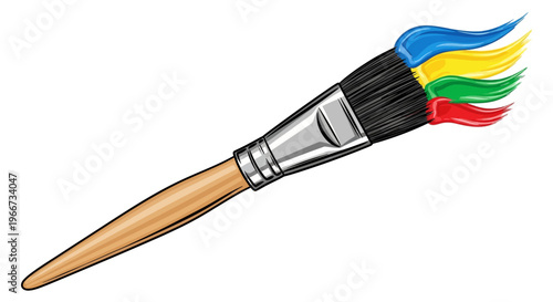 A paintbrush with multicolored paint on its bristles.