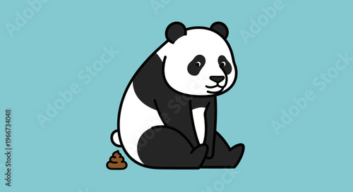 A cartoon panda sits next to a pile of poop on a blue background.