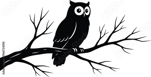 Owl silhouette on tree branch, wildlife bird icon, nocturnal animal, nature illustration, forest symbol design