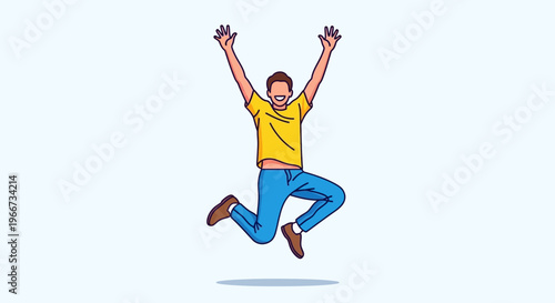 A man jumps up with arms raised in excitement outdoors alone freely.