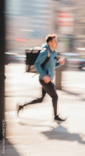 Delivery person with a large insulated backpack runs quickly down a sunlit urban sidewalk.
