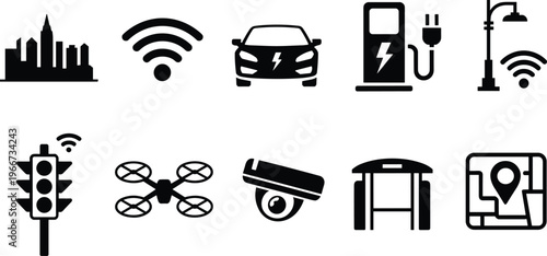 Smart city icon set, urban technology symbols, IoT infrastructure, connected transport, digital communication systems, innovation