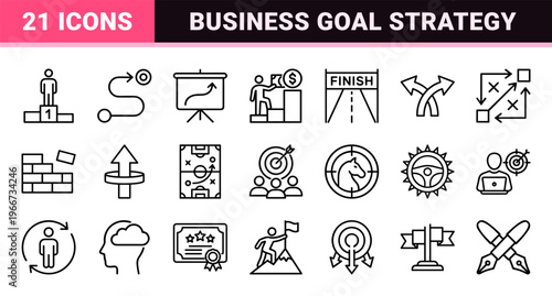 Business Goal and Target Achievement Performance Tracking Essentials Ultra Minimalist Monoline Geometric Outline Style Visual Economy Symbol Set