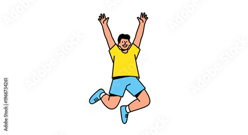 A joyful man jumping in the air with arms raised high in excitement and happiness.