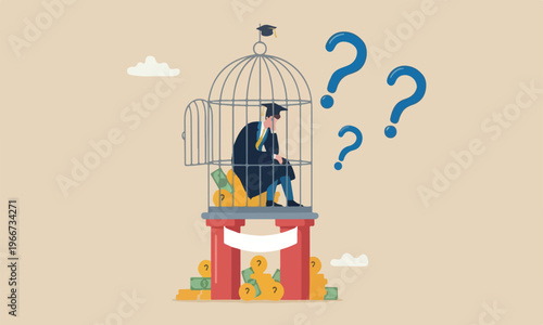 Student loan pillars payback huge amount of money, expensive cost for education concept, depressed confused new graduated student in birdcage with graduation cap
