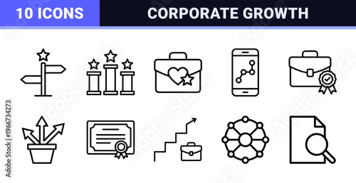Business Success and Performance Tracking Minimalist Monoline Geometric Line Art Icons for Strategic Corporate Growth and Data Analysis