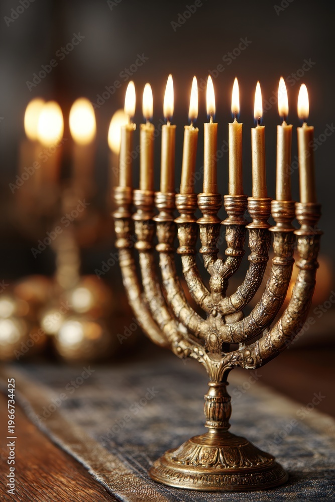 Fototapeta premium Elegant gold menorah at Hanukkah with soft candlelight on wood surface