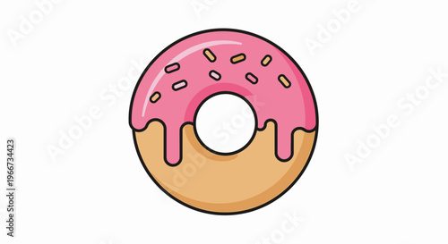 A pink frosted donut with sprinkles on a white background illustration.