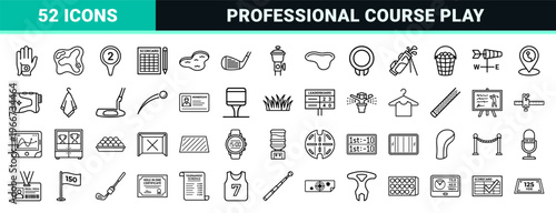 Professional Golf Course Equipment and Tournament Amenities Minimalist Geometric Monoline Outline Vector UI Branding Graphics Set