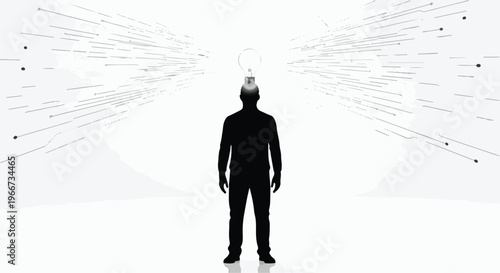 Creative businessman with lightbulb idea standing in futuristic minimalist white room with abstract lines and dots radiating from head