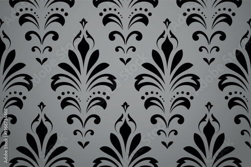 Wallpaper in the style of Baroque. Gray and black floral ornament. Seamless vector background. Graphic pattern for fabric, wallpaper, packaging. Ornate Damask flower illustration
