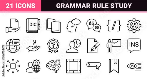 Linguistics and Grammar Education Icon Set featuring Minimalist Monoline Symbols for Language Learning, Syntax, and Literary Analysis.