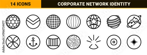 Abstract Corporate Globe Symbols and Network Connectivity Marks Featuring Minimalist Monoline Geometric Line Art for Brand Identity.