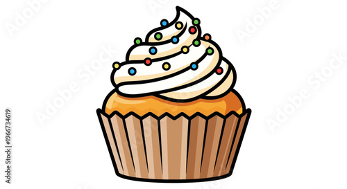 A colorful cupcake with white frosting and sprinkles sits in a brown wrapper.
