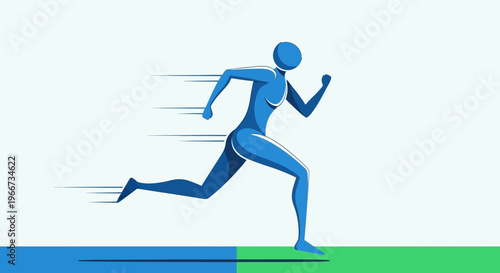 A blue runner sprints forward on a green and blue track with motion lines.