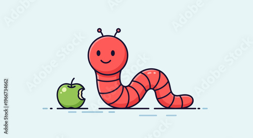 A smiling worm eats a green apple on the ground outside in nature.