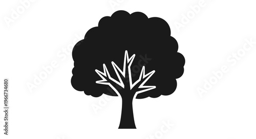 A black silhouette of a tree with white branches stands alone in a natural setting.