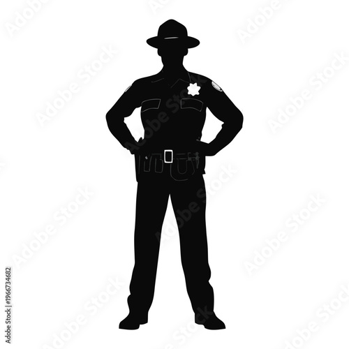 Silhouette of a commanding police officer wearing a fedora hat and long sleeved uniform