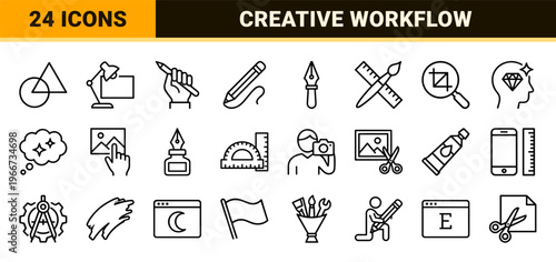 Graphic Design and Creative Studio Workflow Thin Line Art; Minimalist Monoline Geometric Symbols for Digital Arts and UI Navigation.