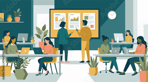 Diverse professionals collaborating and working in a modern office environment