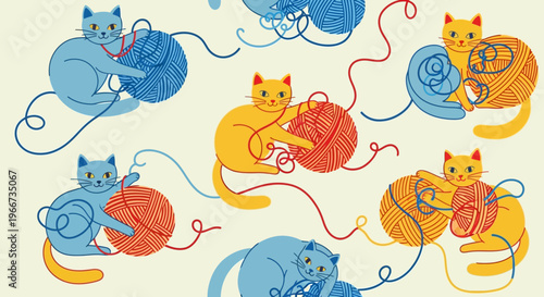 Colorful cats playing with yarn balls.