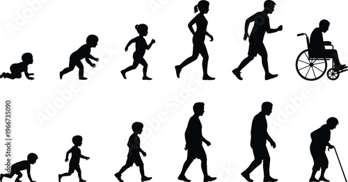 Human life stages silhouette, growth from baby to elderly, aging process, development timeline, evolution concept, childhood adulthood senior disability wheelchair