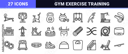Gym and Fitness Equipment Minimalist Monoline Outline Symbols for Commercial UI Design and Health Tracking Apps.