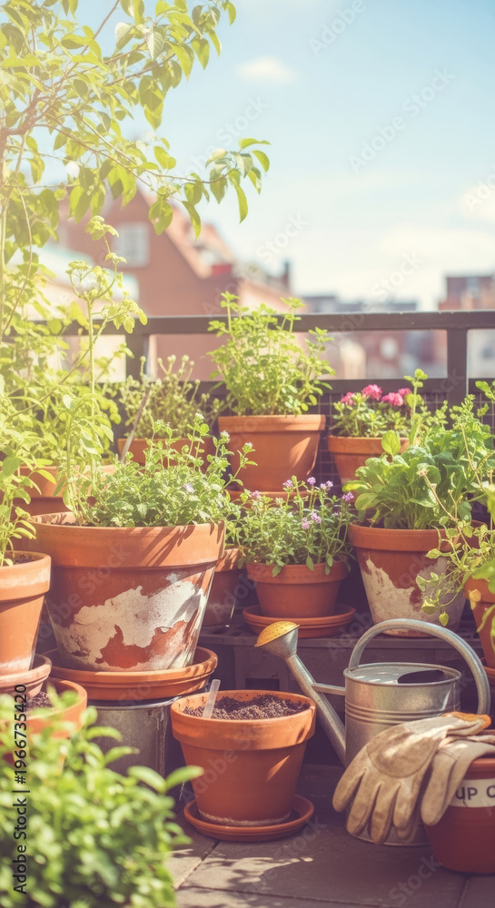 Fototapeta premium Potted plants arranged on a sunny balcony provide a vibrant green urban garden for a small home terrace.
