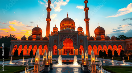 Grand Mosque with Golden Domes and Towering Minarets at Dusk