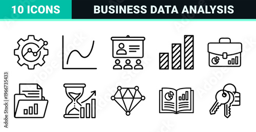 Business Growth and Data Analytics Minimalist Monoline Outline Icons for Financial Performance and Commercial Market Statistics Visualization