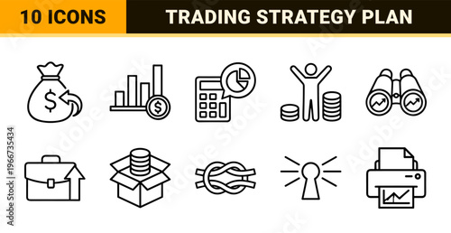 Minimalist financial growth and trading strategy line art set featuring geometric monoline symbols for corporate investment and market analysis.