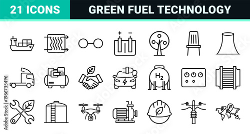 Sustainable Green Hydrogen Energy Infrastructure and Renewable Electrolysis Technology Minimalist Geometric Line Art Outline Symbols