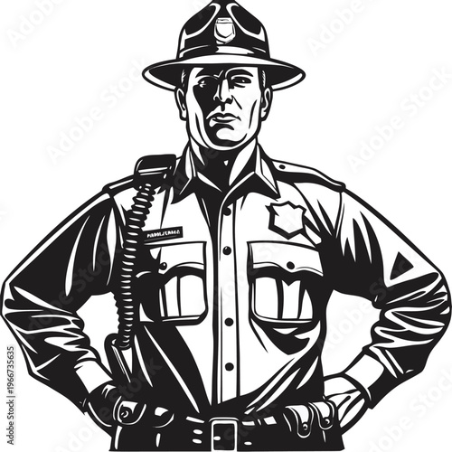 Confident Male Police Officer in Traditional Uniform Standing Proudly with Hands on Hips Vector Graphic