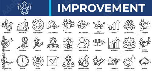 Improvement icon set collection. Containing individual, evolution, increase, selection, arrows, efficiency, profit .Line vector icons collection