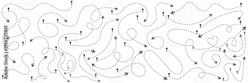 set of Route location icon, two-pin sign and dotted line. map path distance icon, pinpoint, map search, route, Route icon, two points with dotted path and location pin. 