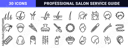 Minimalist monoline hair care and trichology icons featuring geometric line art for scalp health, styling tools, and salon treatments.