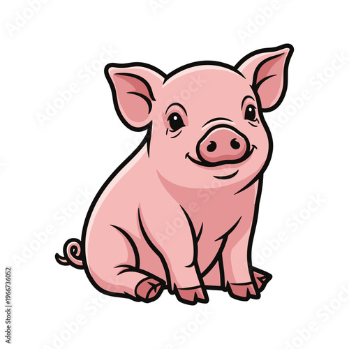 Cute Pink Cartoon Pig Sitting Down.