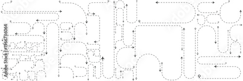 Aeroplane dashed route paths vector set, doodle dotted flight lines with looping trails, jet silhouettes, travel navigation waypoints, curved and straight trajectories vector illustration