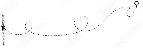 Aeroplane dashed route paths vector set, doodle dotted flight lines with looping trails, jet silhouettes, travel navigation waypoints, curved and straight trajectories vector illustration