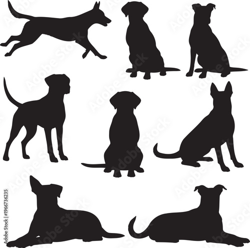 Versatile collection of detailed dog silhouettes in various action and resting poses, ideal for design projects and pet-themed graphics