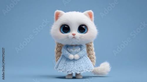 Elegant 3D white cat character wearing blue floral lace dress.