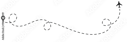 Aeroplane dashed route paths vector set, doodle dotted flight lines with looping trails, jet silhouettes, travel navigation waypoints, curved and straight trajectories vector illustration