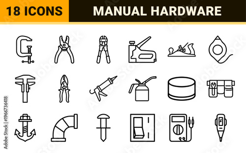Construction and Repair Hand Tools Geometric Line Art Set - Minimalist Monoline Industrial Maintenance Equipment Symbols