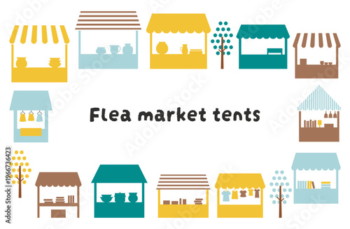 北欧風の色使いで描かれた蚤の市の出店と雑貨のフラットデザイン枠