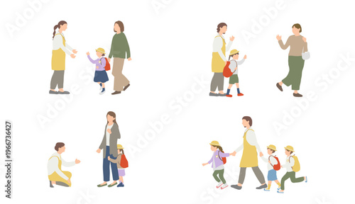 保育園の送迎と引き渡しシーン 親子と先生のやり取りイラストセット