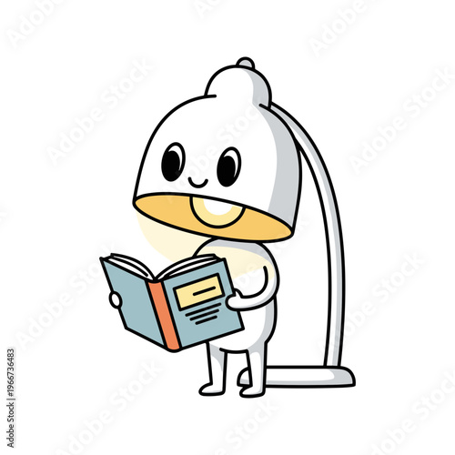 Smiling lamp character reading book.