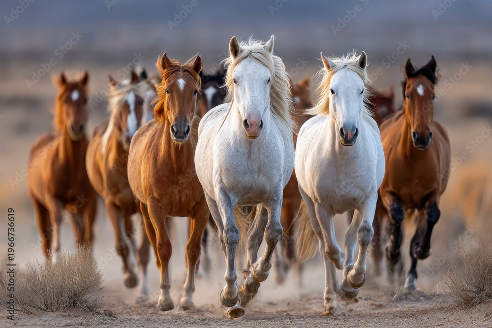 Obraz premium Herd of Wild Horses Running Across Dusty Plains